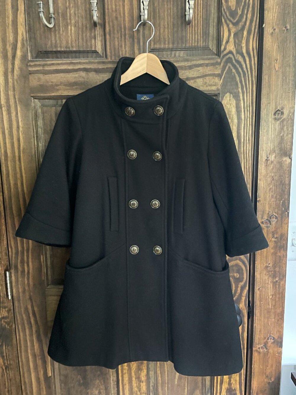Women’s Black Short-Sleeve Double-Breasted Pea Coat